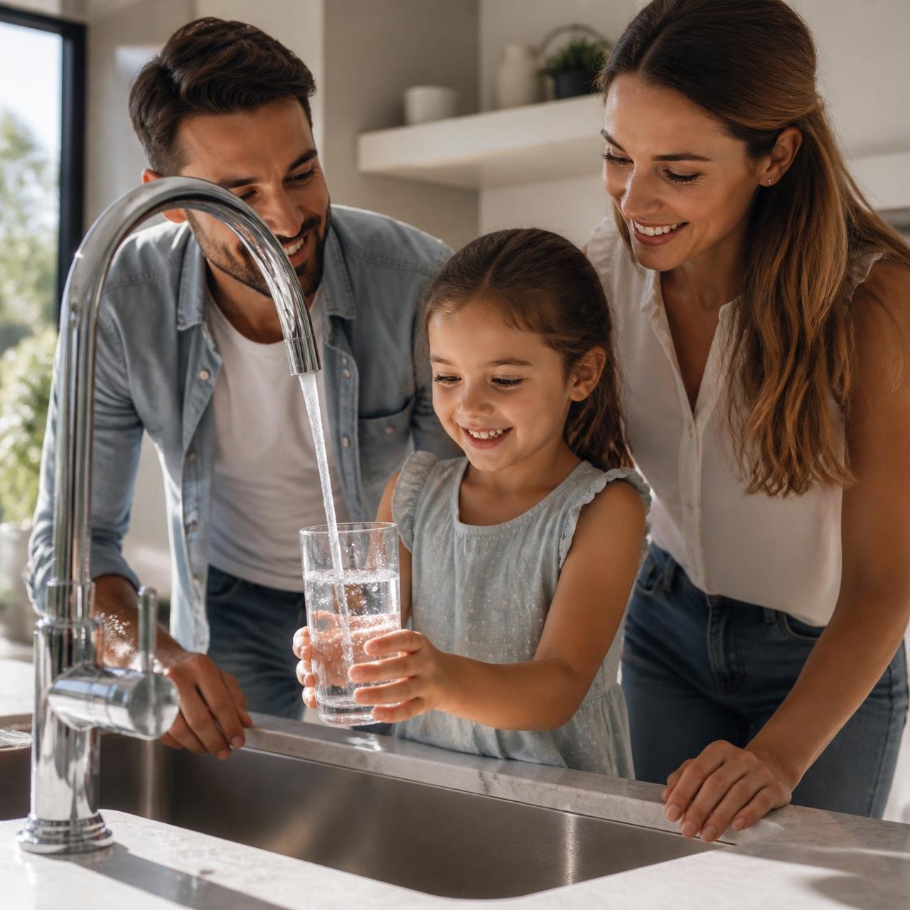 Family drinking pure filtered water